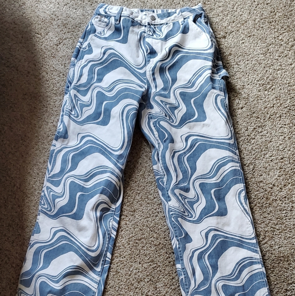 PacSun Swirl Print Carpenter Pants - Blue & White - Picture 1 of 7